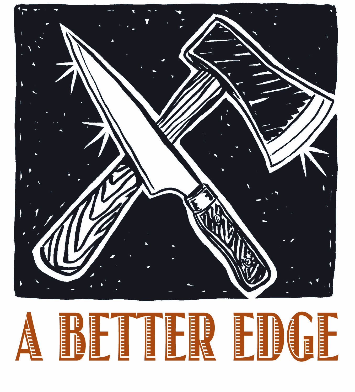 black and white logo showing sharp knife and hatchet